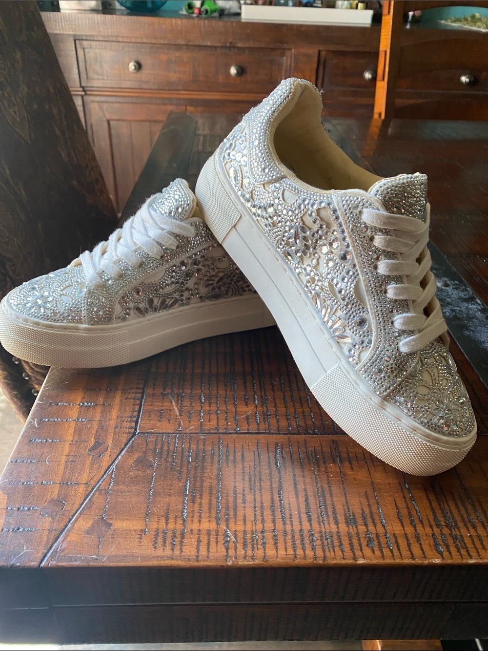 Betsey Johnson White Pearl & Rhinestone Platform Sneakers